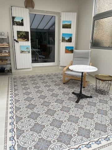 Carreaux de ciment à motifs avec frise décorative en bordure